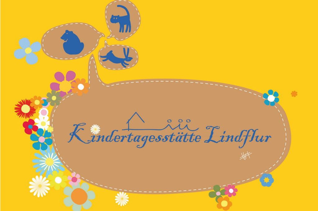 Logo der Kindertagesstätte Lindflur mit Blumen und Tieren